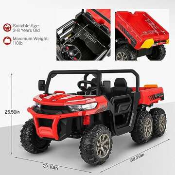 Hikole 2 Seater Ride On Car with Remote Control, 24V Ride On Toys for Big Kids with Dump Bed, 4X75 Motors, Shovel, 3 Speeds, Music Play, 6 Wheeler UTV Ride On Truck for Boys Girls, Red