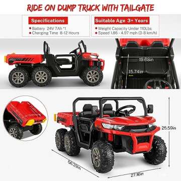 Hikole 2 Seater Ride On Car with Remote Control, 24V Ride On Toys for Big Kids with Dump Bed, 4X75 Motors, Shovel, 3 Speeds, Music Play, 6 Wheeler UTV Ride On Truck for Boys Girls, Red