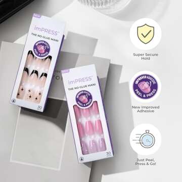 KISS imPRESS No Glue Mani Press On Nails, Design, 'On My Mind', White, Medium Size, Almond Shape, Includes 30 Nails, Prep Pad, Instructions Sheet, 1 Manicure Stick, 1 Mini File