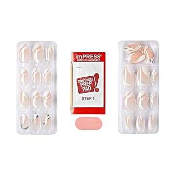 KISS imPRESS No Glue Mani Press On Nails, Design, 'On My Mind', White, Medium Size, Almond Shape, Includes 30 Nails, Prep Pad, Instructions Sheet, 1 Manicure Stick, 1 Mini File