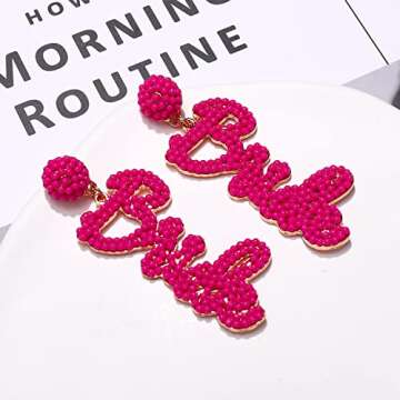 NLCAC Bride Earrings Bachelorette Party Beaded Drop Earrings Wedding Bridal Dangle Earrings Bridal Showers Gifts for Bride Accessories Hot Pink