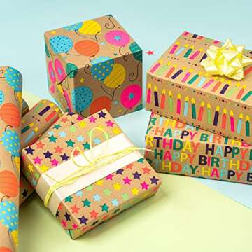 RUSPEPA Kraft Birthday Wrapping Paper Rolls - Mini Roll - 17 inches x 10 feet per Roll, Total of 4 R...