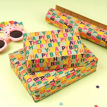 RUSPEPA Kraft Birthday Wrapping Paper Rolls - Mini Roll - 17 inches x 10 feet per Roll, Total of 4 Rolls, Colorful Birthday