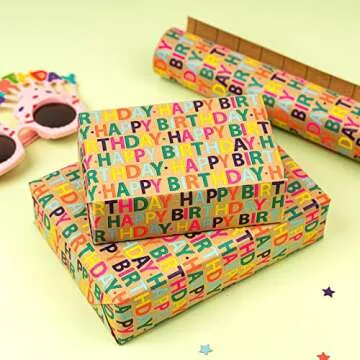 RUSPEPA Colorful Kraft Birthday Wrapping Paper - 4 Rolls