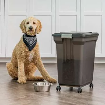 IRIS USA WeatherPro Airtight Dog Food Storage Container, Up to 58 lbs, Attachable Wheels, For Dog Ca...