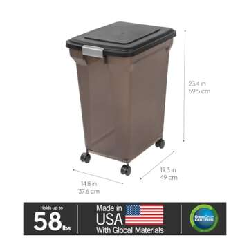 IRIS USA WeatherPro Airtight Dog Food Storage Container, Up to 58 lbs, Attachable Wheels, For Dog Cat Bird and Other Pet Food Storage Bin, Keep Fresh, Easy Mobility, BPA Free, Smoke