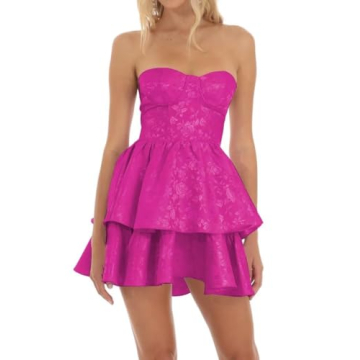 Eyhuoaa Women's Strapless Ruffle Embroidery Satin Mini Dress Tie Backless Homecoming Dress for Teens...