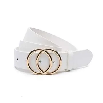 IFENDEI Women Faux Leather Belt for Jeans Dress Waist Belts with Gold Ring Buckle White Large