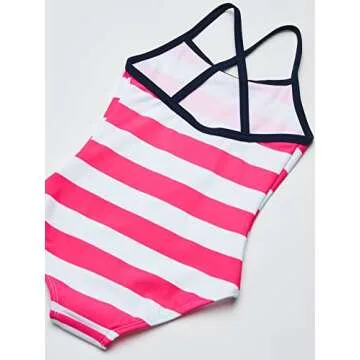 Kanu Surf Girls Beach Sport Banded 1 Piece Swimsuit, Layla Pink Stripe, 6X