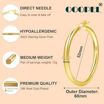 4mm Thick Gold Chunky Earrings Steling Silver Post Hoops Earrings For Women Hollow Tube Hoops Earrings Thick Gold Hoop Earrings Hypoallergenic Lightweight Gold Hoop Large Earrings 20/30/40/50/60MM