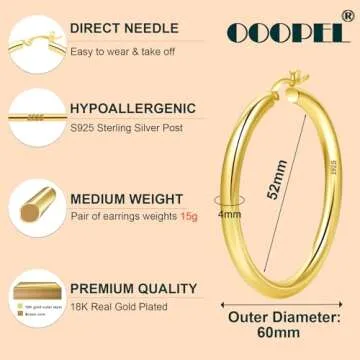 4mm Thick Gold Chunky Earrings Steling Silver Post Hoops Earrings For Women Hollow Tube Hoops Earrings Thick Gold Hoop Earrings Hypoallergenic Lightweight Gold Hoop Large Earrings 20/30/40/50/60MM