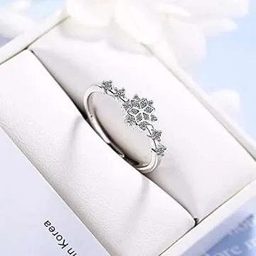 NewZenro Thin CZ Snowflake Adjustable Rings for Women Dainty Sterling Silver Plated Statement Wrap Band Flower Rings Fashion Expandable Knuckle Finger Rings for Bff Daughter Xmas