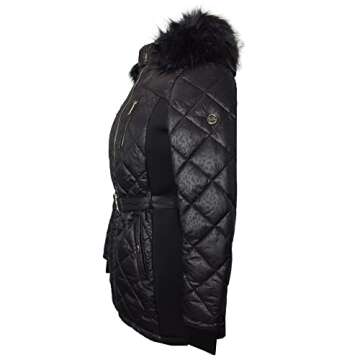 Michael Michael Kors Women's Black Scuba Stretch Quilted Belted Coat with Hood (L)