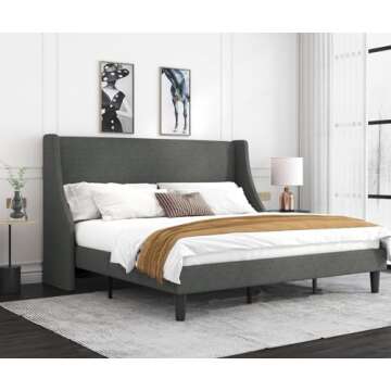 Allewie King Size Platform Bed Frame with Upholstered Headboard, Modern Deluxe Wingback, Wood Slat Support, Mattress Foundation, Dark Grey