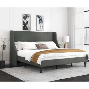 Allewie King Size Platform Bed Frame with Upholstered Headboard, Modern Deluxe Wingback, Wood Slat Support, Mattress Foundation, Dark Grey
