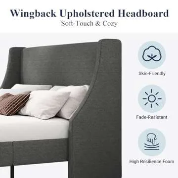 Allewie King Size Platform Bed Frame with Upholstered Headboard, Modern Deluxe Wingback, Wood Slat Support, Mattress Foundation, Dark Grey