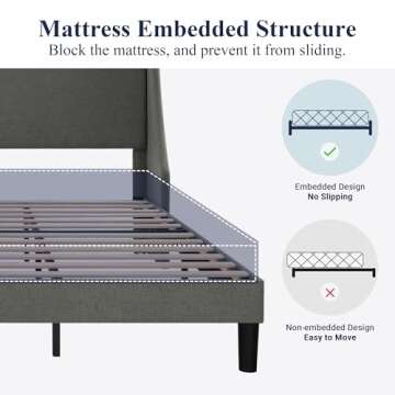 Allewie King Size Platform Bed Frame with Upholstered Headboard, Modern Deluxe Wingback, Wood Slat Support, Mattress Foundation, Dark Grey