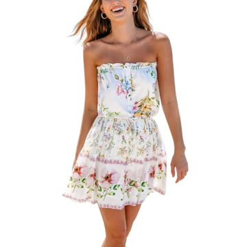 CUPSHE Women's Mini Dress Strapless Ruffled Sleeveless Floral Belted A Line Short Beach Summer Dress...
