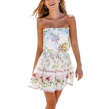 CUPSHE Women's Mini Dress Strapless Ruffled Sleeveless Floral Belted A Line Short Beach Summer Dress...