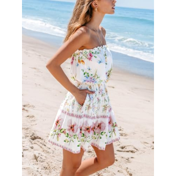 CUPSHE Women's Mini Dress Strapless Ruffled Sleeveless Floral Belted A Line Short Beach Summer Dress 2024 White, L