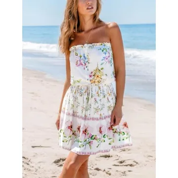 CUPSHE Women's Mini Dress Strapless Ruffled Sleeveless Floral Belted A Line Short Beach Summer Dress 2024 White, L