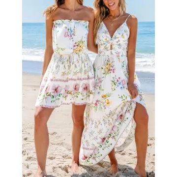 CUPSHE Women's Mini Dress Strapless Ruffled Sleeveless Floral Belted A Line Short Beach Summer Dress 2024 White, L