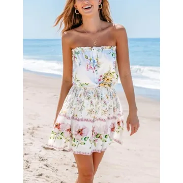 CUPSHE Women's Mini Dress Strapless Ruffled Sleeveless Floral Belted A Line Short Beach Summer Dress 2024 White, L
