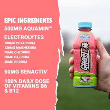 GHOST Hydration Drink, Kiwi Strawberry - RTD Sports Drinks with Electrolytes for Hydration - Beverage for Athletes - Zero Caffeine & Zero Sugars - 16.9 Fl Oz, 12 Pack