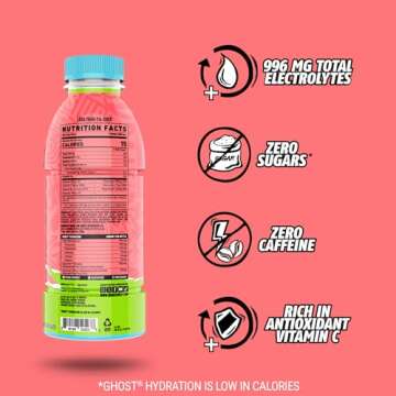 GHOST Hydration Drink, Kiwi Strawberry - RTD Sports Drinks with Electrolytes for Hydration - Beverage for Athletes - Zero Caffeine & Zero Sugars - 16.9 Fl Oz, 12 Pack
