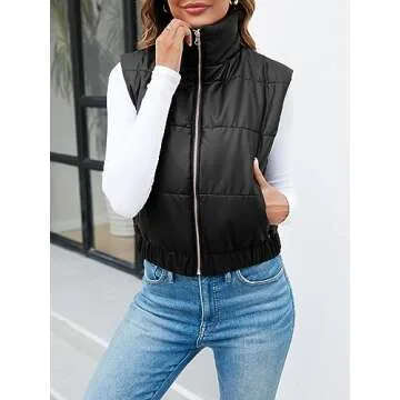 Fisoew Womens Faux Leather Puffer Vest High Stand Collar Zip Up Sleeveless Winter Cropped Jacket Gilet