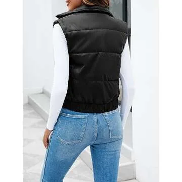 Fisoew Womens Faux Leather Puffer Vest High Stand Collar Zip Up Sleeveless Winter Cropped Jacket Gilet
