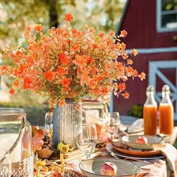Uieke 6 Bundles Artificial Fall Flowers UV Resistant No Fade Fake Outdoor Plants Faux Plastic Plant Greenery for Outside Garden Porch Sidewalk Trim Window Box Décor Autumn Orange