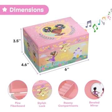 Jewelkeeper Jewelry Box for Girls - Black Ballerina Doll and Little Queen Design Music Box - Swan Lake Tune Musical Jewelry Box - Jewelry Organizer for Necklaces, Bracelets, and Earrings - 6x5x4-Inch