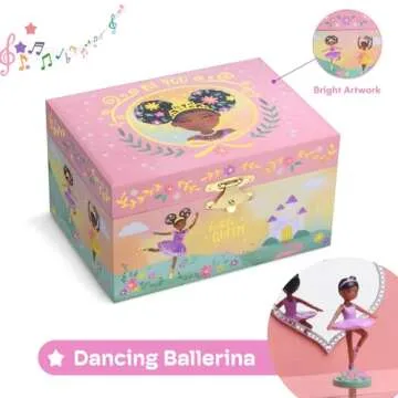 Jewelkeeper Jewelry Box for Girls - Black Ballerina Doll and Little Queen Design Music Box - Swan Lake Tune Musical Jewelry Box - Jewelry Organizer for Necklaces, Bracelets, and Earrings - 6x5x4-Inch
