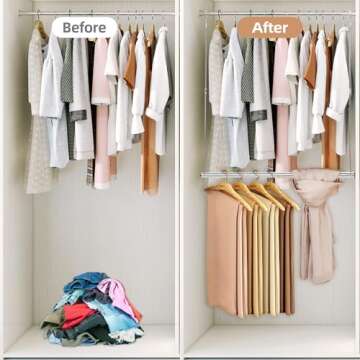 STORAGE MANIAC Hanging Closet Rod, Adjustable Width and Height Closet Hanging Organizer, Space-Saving Clothes Hanging Bar, Closet Extender Hanging Rod Double Closet Hanging Rod, 2 Pack Chrome