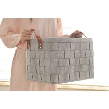 Collapsible Storage Basket Bins, Foldable Handmade Rectangular Felt Fabric Storage Box Cubes Containers with Handles- Large Organizer For Nursery Toys,Kids Room,Towels,Clothes, Grey （16"x11.8"x11.5"）