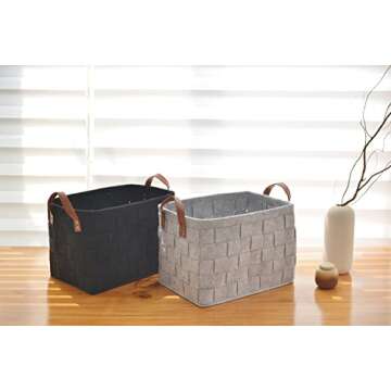 Collapsible Storage Basket Bins, Foldable Handmade Rectangular Felt Fabric Storage Box Cubes Containers with Handles- Large Organizer For Nursery Toys,Kids Room,Towels,Clothes, Grey （16"x11.8"x11.5"）