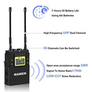MAMEN 50-Channel UHF Wireless Lavalier Microphone System with 1 Receiver, 2 Transmitters, Dual Wirel...