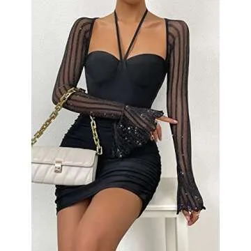 WDIRARA Women's Contrast Mesh Long Sleeve Halter Neck Party Bodycon Mini Dress Black L