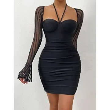 WDIRARA Women's Contrast Mesh Long Sleeve Halter Neck Party Bodycon Mini Dress Black L