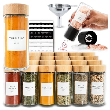 Glass Spice Jars with Bamboo Lids 24PK & 374 Labels