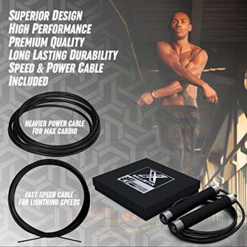 Ballistyx Jump Rope - Premium Speed Jump Rope with 360 Degree Spin, Steel Handles, Silicone Grips and 2 x Adjustable Cables - for Crossfit, Gym & Home Fitness Workouts & More - Black