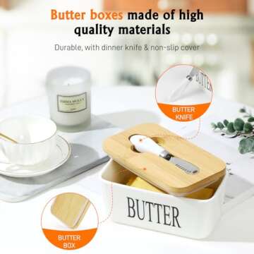 Rdipsie Large Butter Dish,Ceramic Butter Dish with lid and knife,quality Silicone Sealing Butter Dishes is Good for Kitchen Baking and Gift,White…