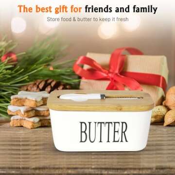 Rdipsie Large Butter Dish,Ceramic Butter Dish with lid and knife,quality Silicone Sealing Butter Dishes is Good for Kitchen Baking and Gift,White…