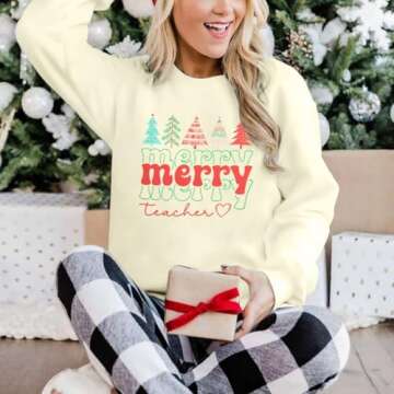 MOUSYA Christmas Teacher Sweashirt Woman Teacher Appreciation Gifts Shirt Casual Crewneck Long Sleeve Pullover Tops