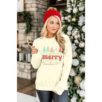 MOUSYA Christmas Teacher Sweashirt Woman Teacher Appreciation Gifts Shirt Casual Crewneck Long Sleeve Pullover Tops