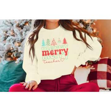 MOUSYA Christmas Teacher Sweashirt Woman Teacher Appreciation Gifts Shirt Casual Crewneck Long Sleeve Pullover Tops