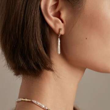 LOOYUUPEE Real Natural Baroque Pearl Earrings for Women, Streamer Pearl Earrings Irregularity Earrings Handmade Jewelry Gift for Her Lover (14K Gold Filled)