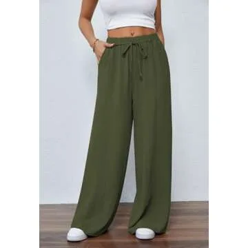 Womens CasualHigh Waist Pants Drawstring Loose Fit Summer Work Pants Trousers with Side Pockets Avocado M
