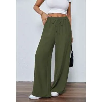 Womens CasualHigh Waist Pants Drawstring Loose Fit Summer Work Pants Trousers with Side Pockets Avocado M